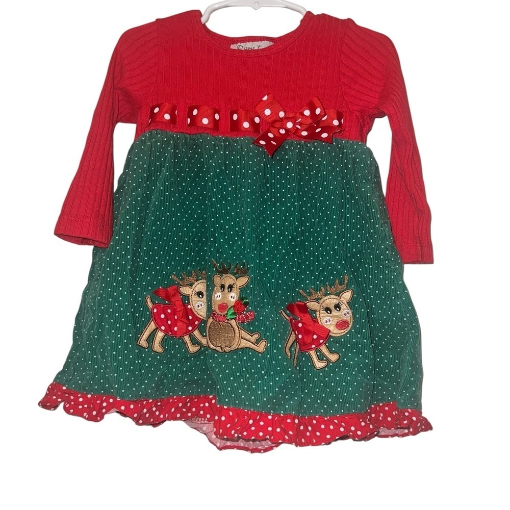 Rare too Red and Green Polka Dot reindeer Christmas Dress 3T corduroy